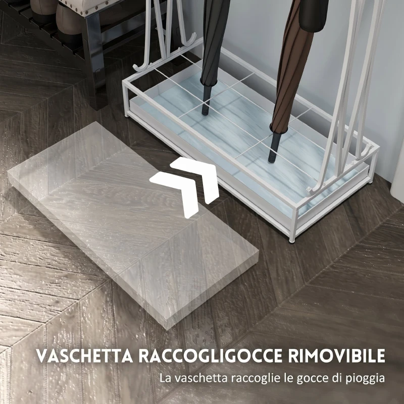 HOMCOM Portaombrelli con Vaschetta per l'Acqua, 21 Fori e 24 Ganci per Ombrello, in Acciaio, 50x24x68 cm, Bianco