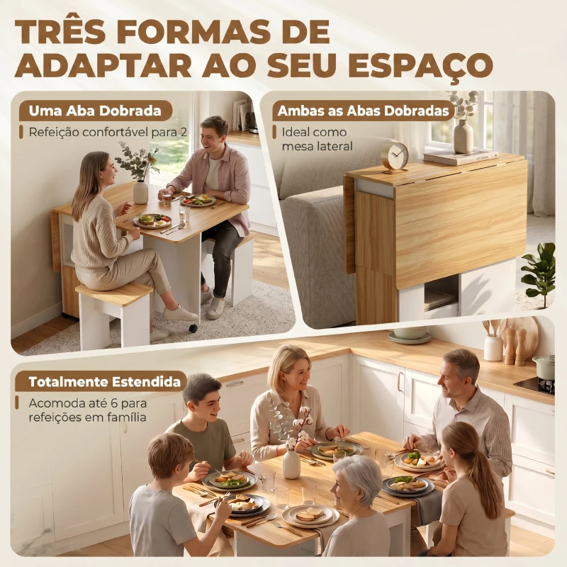HOMCOM Conjunto de Mesa de Jantar Dobrável com 4 Bancos Ocultos, 2 Abas Rebatíveis, Rodas e Prateleiras, Carvalho