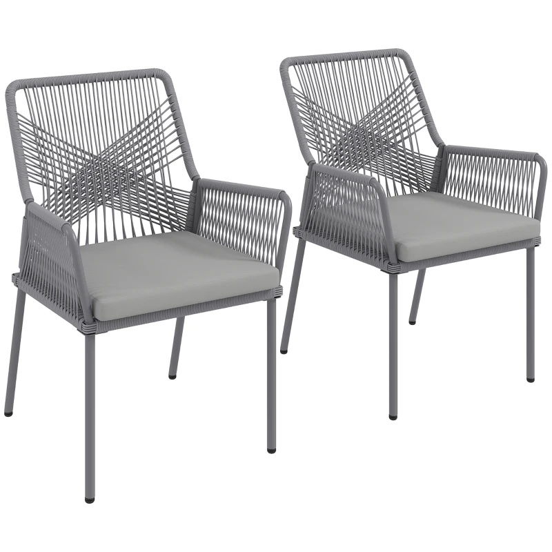Outsunny 2er-Set Gartenstühle, Terrassenstühle, waschbare Kissen, Rückenlehne, Armlehnen, Stahl, Rattan, Dunkelgrau
