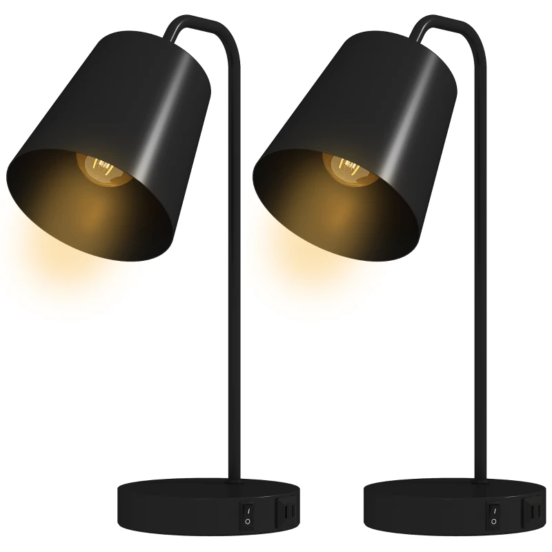 HOMCOM Tischlampen-Set, 2 Stück, Moderne Lampen mit USB-A- und USB-C-Anschluss für Schlafzimmer, Wohnzimmer & Büro, Schwarz