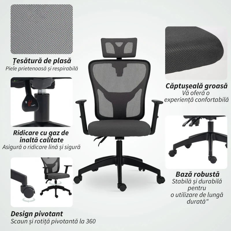 Vinsetto Scaun de birou ergonomic și reglabil cu suport lombar și tetieră, 66x61x106-116 cm, gri