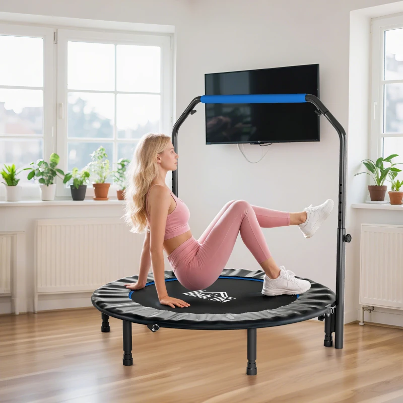 HOMCOM Trampolín de Fitness Adultos Ø122 cm, Cama Elástica Plegable con Mango Ajustable de 4 Niveles Negro y Azul
