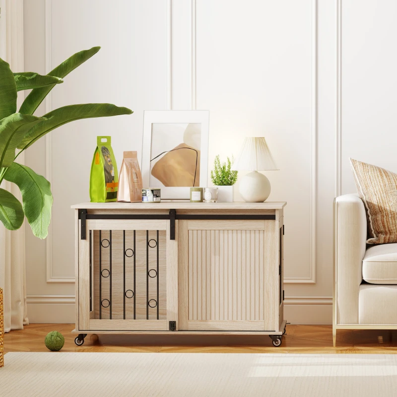 PawHut Jaula para Perros Medianos y Grandes Mesa Auxiliar Moderna con 2 Puertas y Cierre 100x56x65 cm Roble