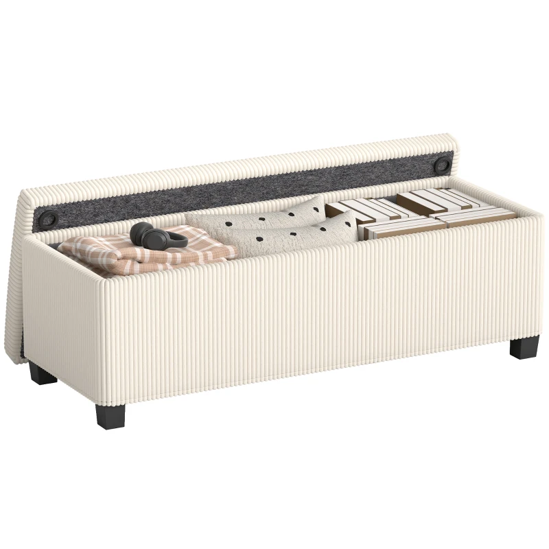 HOMCOM Bancă pentru Capătul Patului cu Spațiu de Depozitare de 84L, din Țesătură cu Aspect de Catifea și Oțel, 112x42x40 cm, Bej
