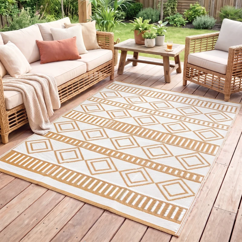 Outsunny Outdoorteppich Terrassenteppich, wetterbeständig, modernes Design, 121 cm x 182 cm x 0,3 cm, Grün + Creme