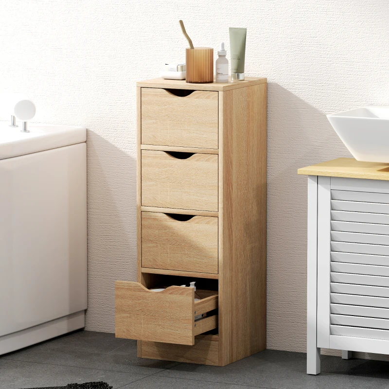 HOMCOM Dulap de Baie Economisitor de Spațiu cu 4 Sertare și Mânere Sculptate Stil Nordico, 29x29x83 cm, Lemn Natural