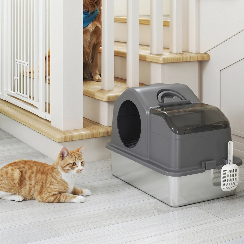 PawHut Maison de Toilette pour Chat avec Couvercle Amovible et Fermé, Côtés Hauts, 60,5x40,5x45cm, Gris Foncé