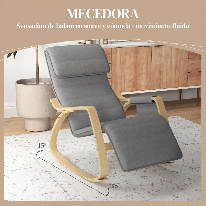 HOMCOM Silla Mecedora con Reposapiés Ajustable en 5 Posiciones Bolsillo Lateral Reposabrazos de Madera Reposacabezas Gris