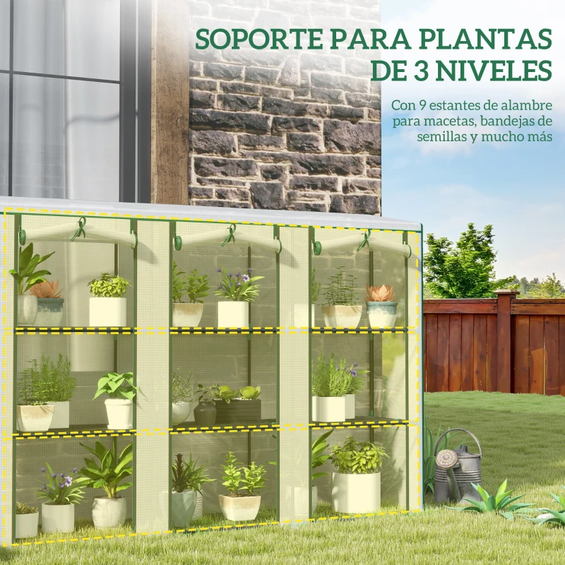 Outsunny Invernadero de Exterior de 3 Niveles con Puerta Enrollable con Cremallera 9 Estantes Cubierta de PE 215x46x151cm Blanco