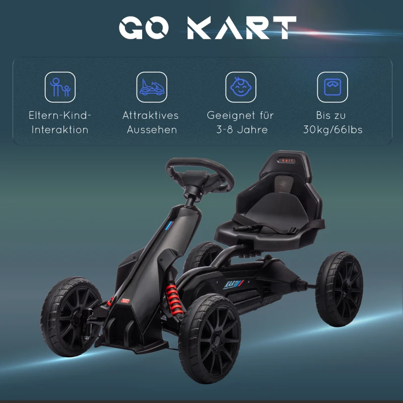 HOMCOM Go-Kart, Kindervoertuig met verstelbare zitting, trapvoertuig, trapauto met handrem, 3-8 jaar, buiten, Zwart(m-7)
