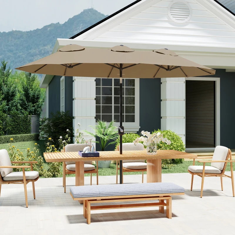 Outsunny parasol, tuinparasol, kantelbaar, met handslinger, windkap, polyester+staal, kaki, 285 x 147 cm