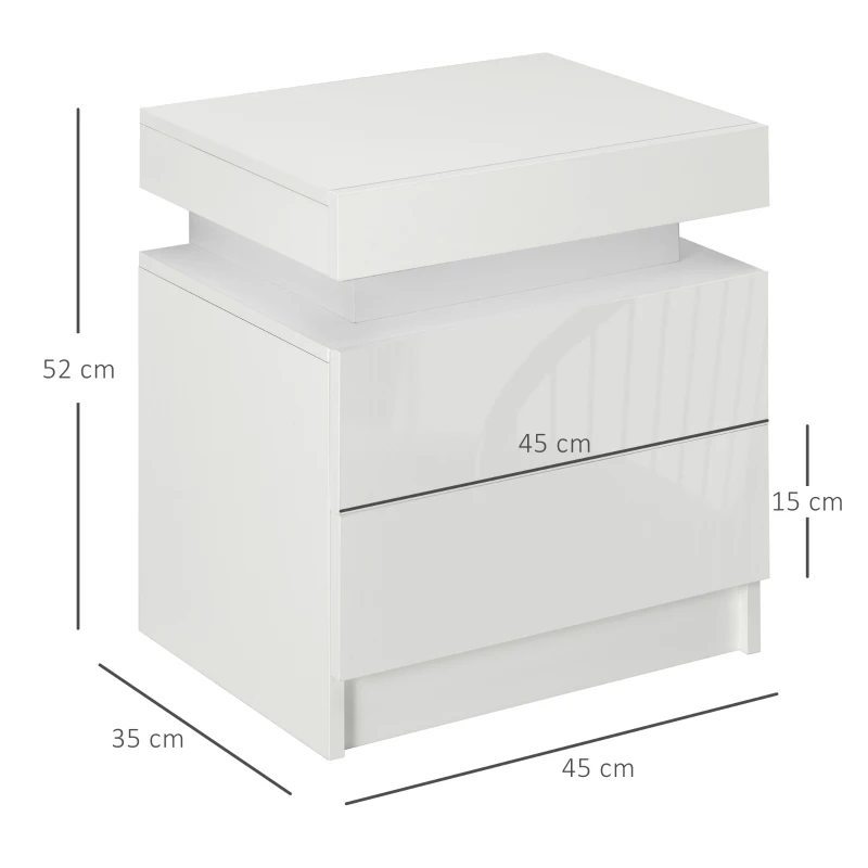 HOMCOM Noptieră cu lumină LED RGB, 2 sertare, 4 moduri de iluminare și 16 culori, din lemn, 45x35x52 cm, Alb