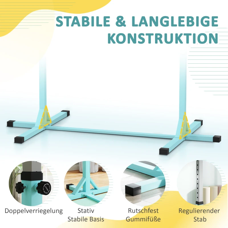 HOMCOM Gymnastik-Turnreck, Reckstange, 13-stufig höhenverstellbar, bis 75 kg belastbar, Stahl, Buchenholz, Hellblau
