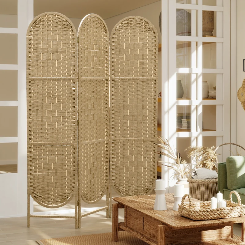 HOMCOM Biombo Separador de Ambientes 3 Paneles 120x170 cm con Parte Superior Arqueada Tejido a Mano Divisor Plegable Natural