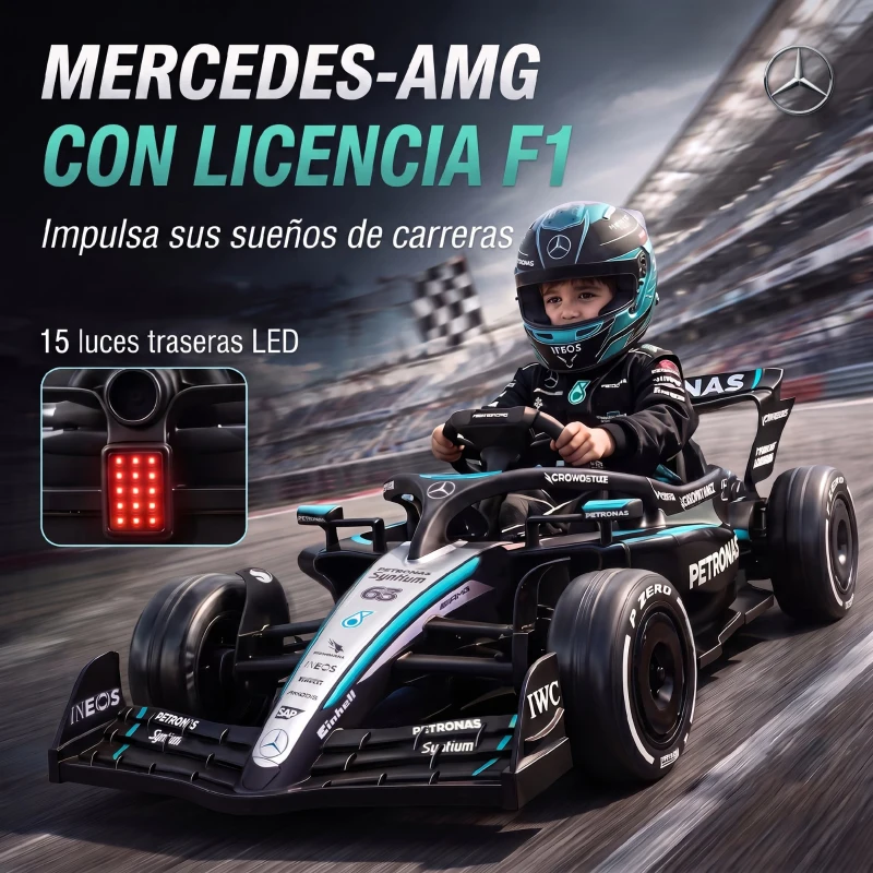 AIYAPLAY Kart Eléctrico para Niños 12V Mercedes-AMG PETRONAS F1 Mando a Distancia 2 Motores Suspensión Trasera 3,3-5,5km/h Negro