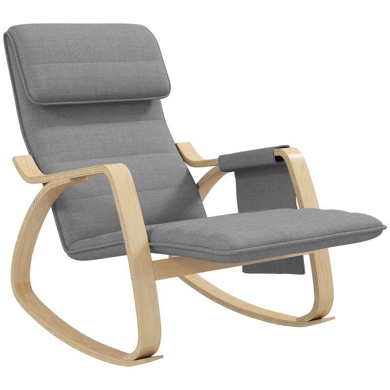 HOMCOM Silla Mecedora con Reposapiés Ajustable en 5 Posiciones Bolsillo Lateral Reposabrazos de Madera Reposacabezas Gris