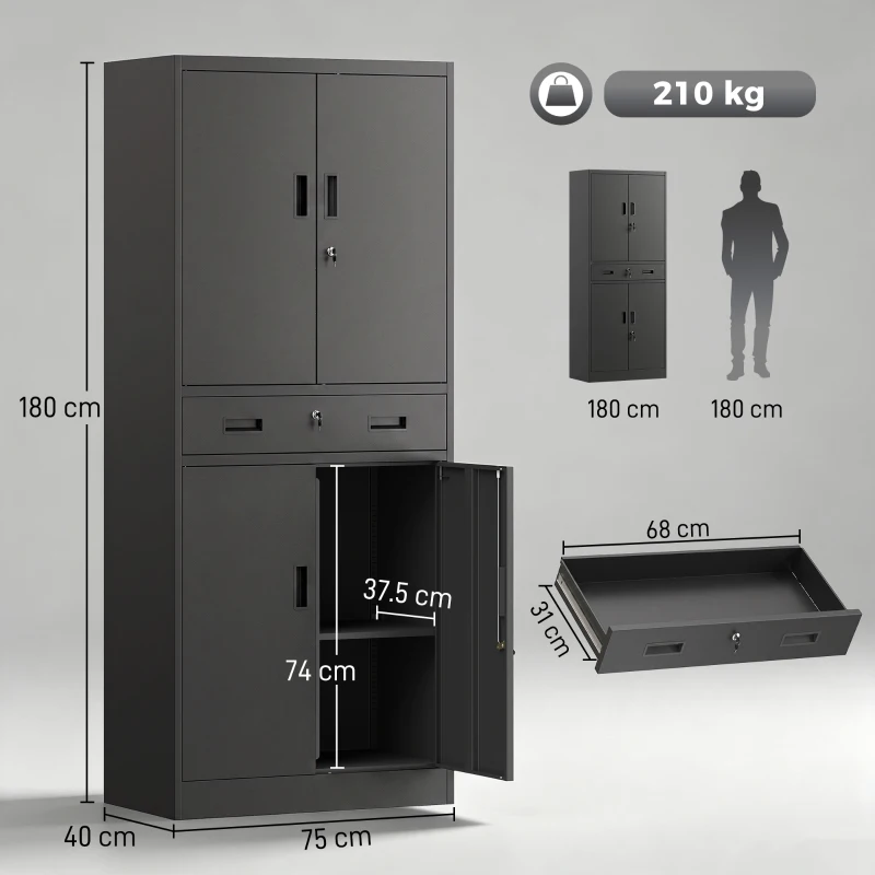 HOMCOM Dulap metalic 180 cm, dulap de scule cu uși închise cu cheie, sertar și rafturi reglabile, Negru