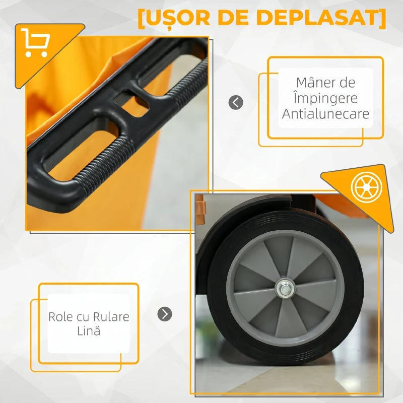 HOMCOM Cărucior de Curățenie cu 3 Rafturi, Cârlige și Sac de 100L, 121x50.5x96.5 cm, Negru, Galben și Gri