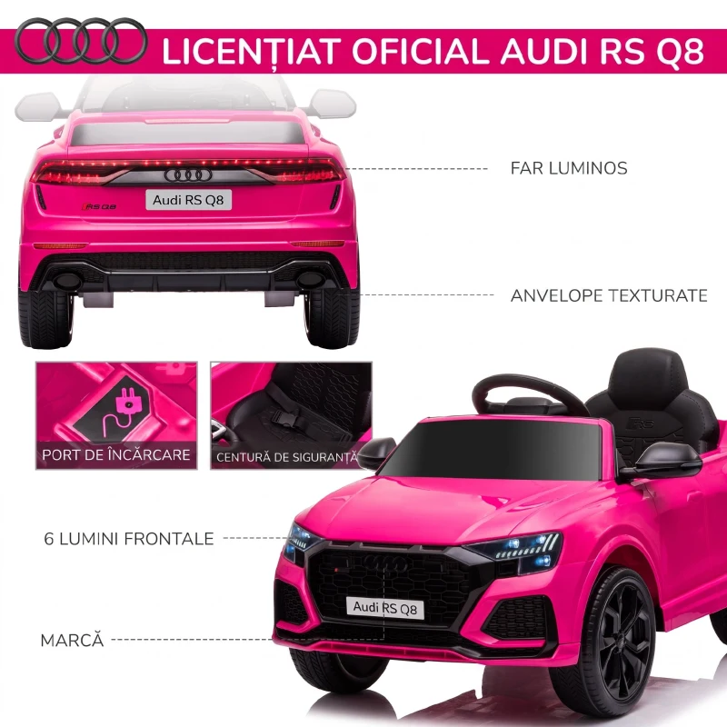 HOMCOM Mașină Electrică pentru Copii Audi RS Q8, 6V, 2 Motoare, Telecomandă, PP, 101x62x51 cm, Roz