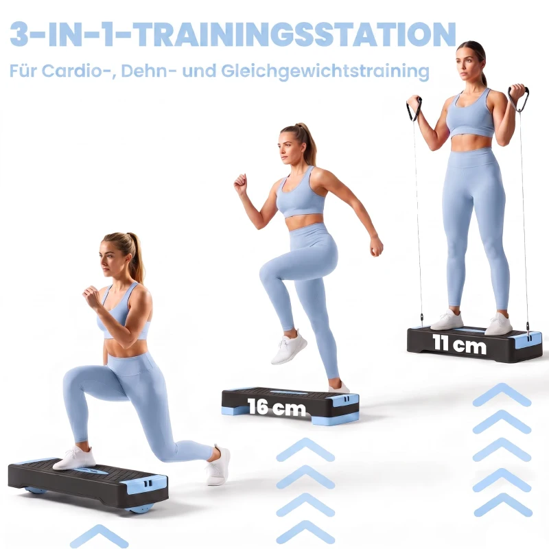 SPORTNOW Steppbrett höhenverstellbar Fitness Aerobic Stepper mit 2 Stufen (11/16 cm) 2 Widerstandsbändern, Anti-Rutsch-Matte Blau
