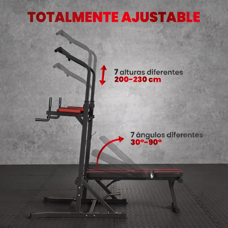 HOMCOM Estación de Musculación Plegable Altura Ajustable con Barra de Dominadas Banco Reclinable para Gimnasio Negro y Rojo