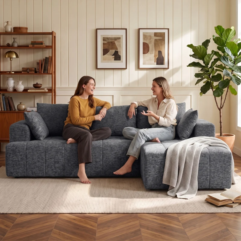 HOMCOM 3-Sitzer Ecksofa in L-Form mit Ottomane, wandelbares Chenille-Cloud-Schlafsofa mit Federkernpolsterung, Grau