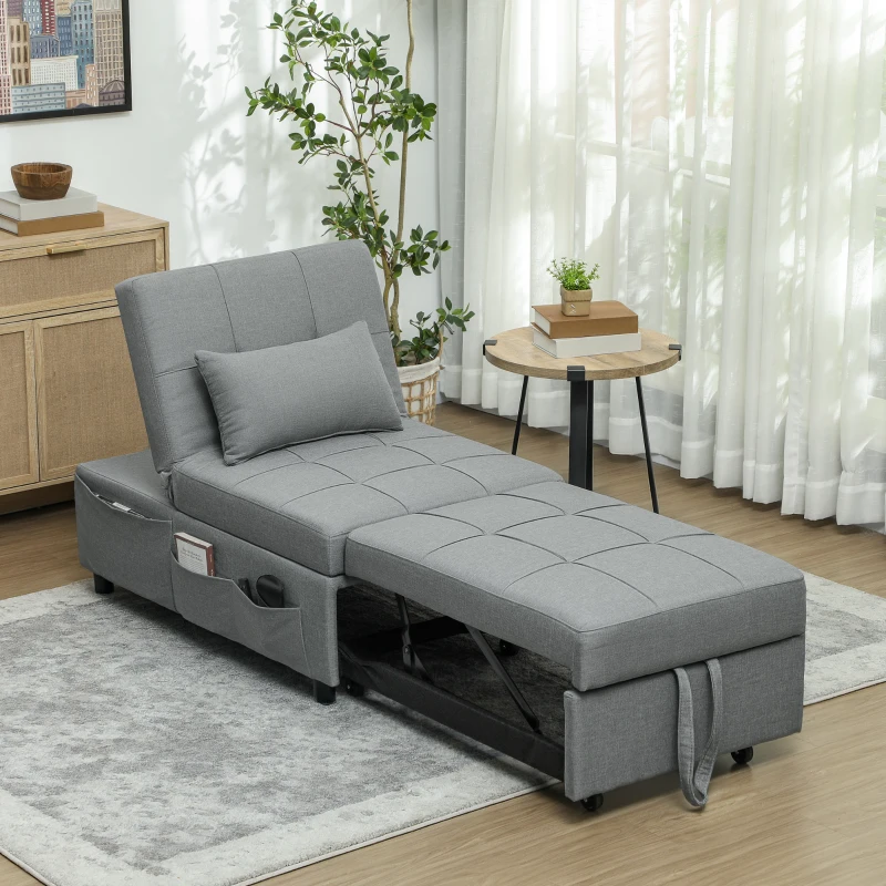 HOMCOM Poltrona-cama 3 em 1 com Bolso Lateral Cama para Hóspedes com Almofada Encosto Ajustável Poltrona-cama com Rodas Cinza Claro
