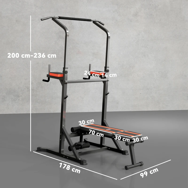HOMCOM Estación de Musculación Plegable Altura Ajustable con Barra de Dominadas Banco Reclinable para Gimnasio Negro y Rojo