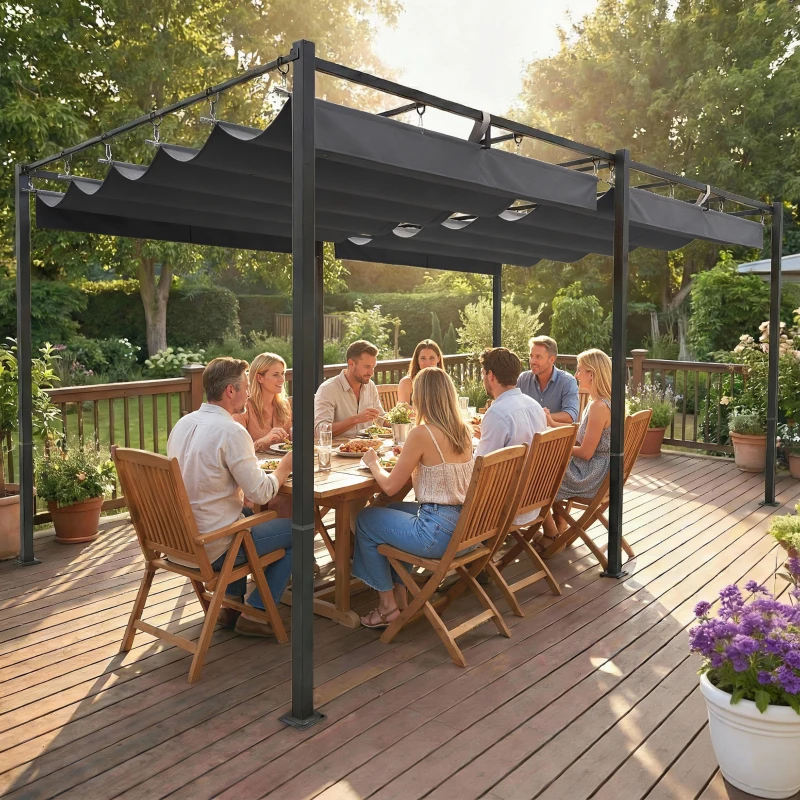 Outsunny Pérgola de Jardín 6x3 m con Techo Retráctil Protección UPF50+ Drenaje Cenador de Jardín para Patio Exterior Gris Oscuro