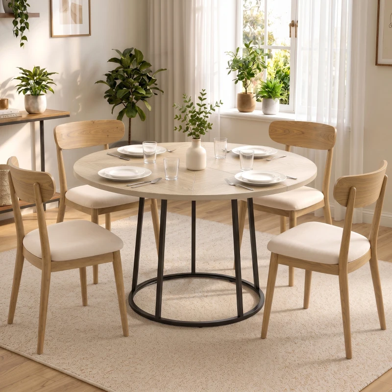 HOMCOM Table à Manger Ronde pour 4 à 6 Personnes, Ø 120 x 75 cm, Table de Cuisine avec Piétement Conique en Métal, Bois Naturel