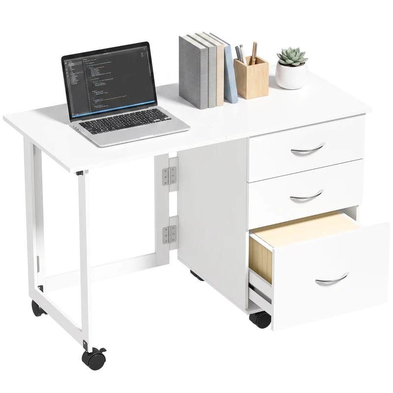 HOMCOM Scrivania Ufficio Pieghevole con 3 Cassetti, 4 Ruote con Freno, Bianco
