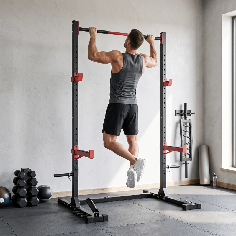 SPORTNOW Power Tower Multifonction Charge 500 kg Largeur Réglable, Barre de Traction, Rack de Squat, 176x106x212cm, Rouge
