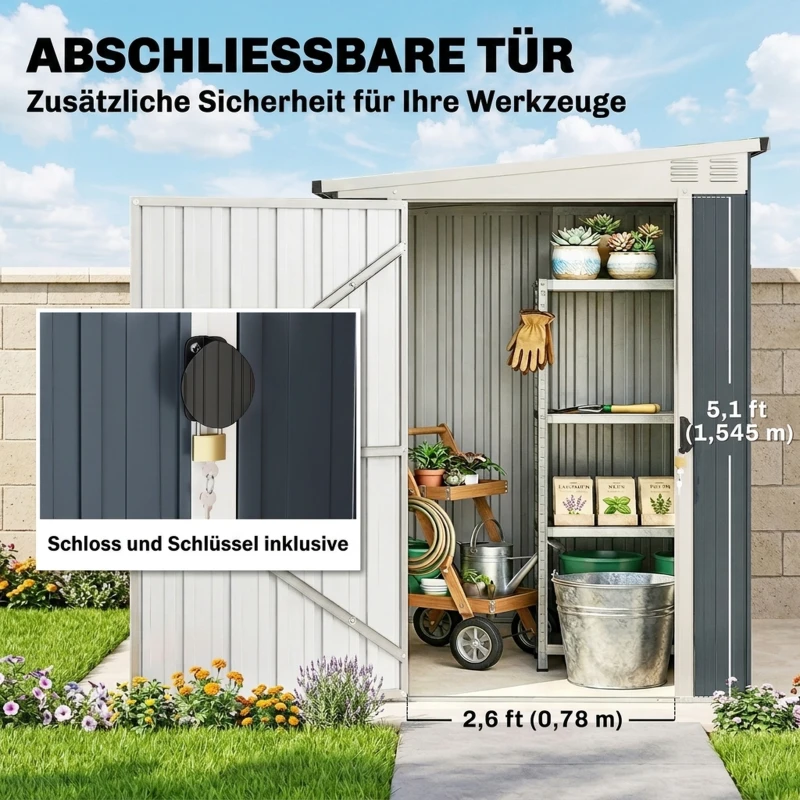 Outsunny Gartenlagerschuppen, Werkzeugschuppen für Gartengeräte, Fenster, Lüftungsöffnungen, abschließbar, Stahl, Dunkelgrau(m-6)