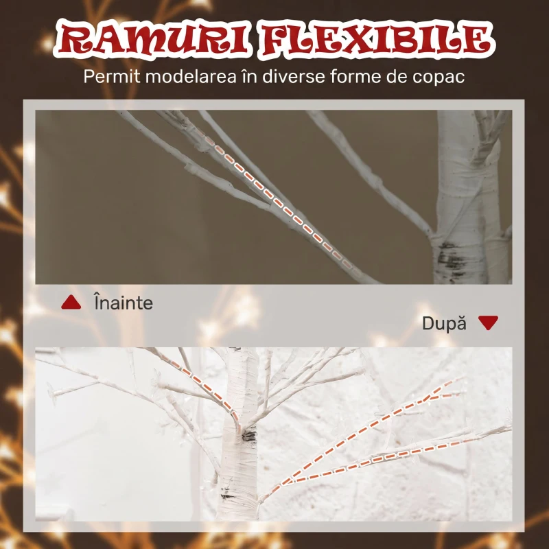 HOMCOM Copac Di Betulla Con 120 Lumini Led Înalt 150cm 3 Niveluri Luminosità Alb