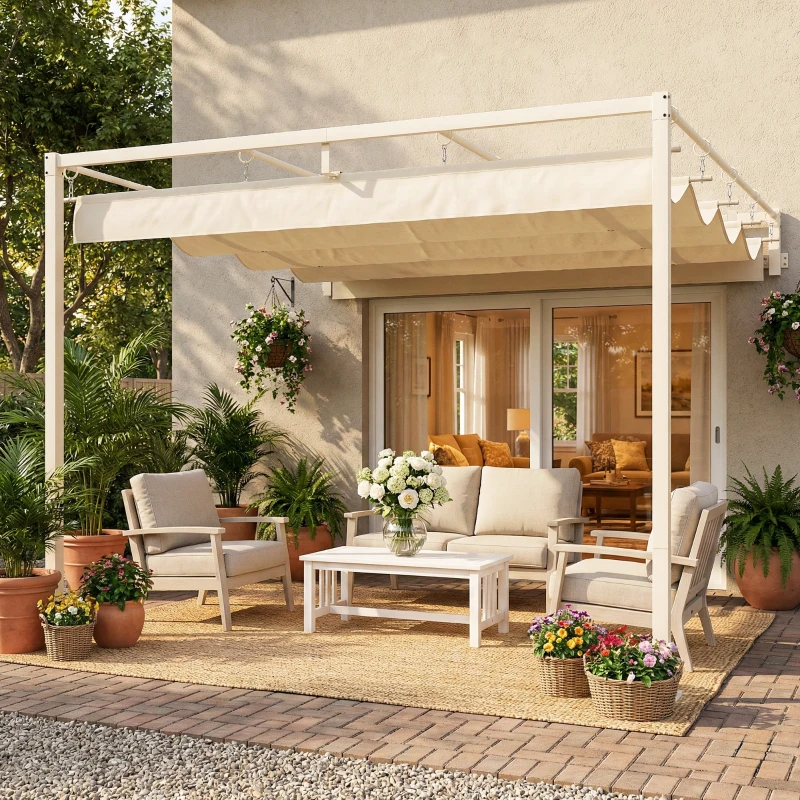 Outsunny Pérgola de Pared de Jardín 3x3 m con Techo Retráctil Protección UPF30+ Drenaje Cenador de Jardín para Exterior Beige