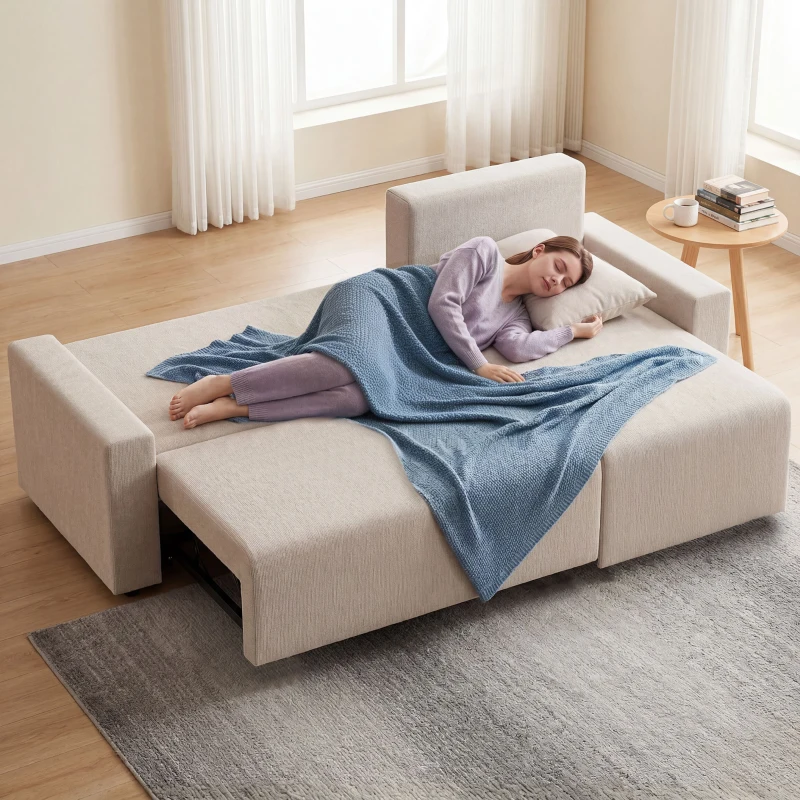 HOMCOM Ecksofa mit Schlaffunktion und umkehrbarer Chaiselongue, L-förmiges 3-Sitzer Sofa aus Veloursbezug, Beige