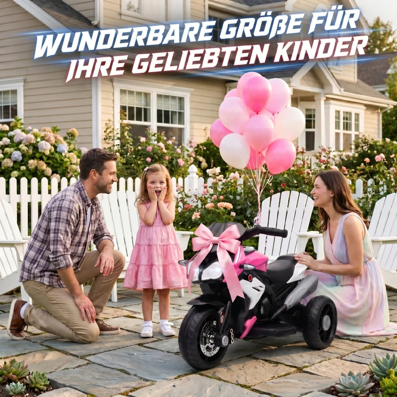 HOMCOM Elektro-Kindermotorrad, Lichter & Geräusche, 3 km/h, wiederaufladbar, Kunststoff & Metall, Rosa/Weiß