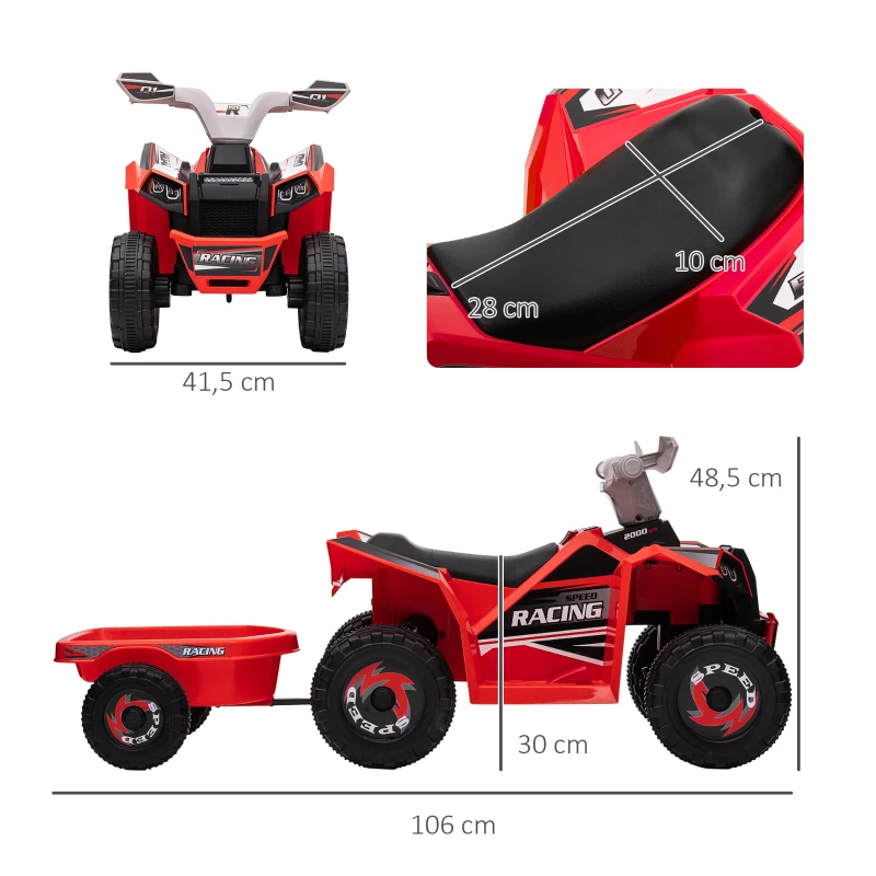 HOMCOM Quad Elettrico per Bambini con Rimorchio, Pedale, Marce Avanti e Indietro, 2.5 km/h, per 18-36 Mesi, Rosso