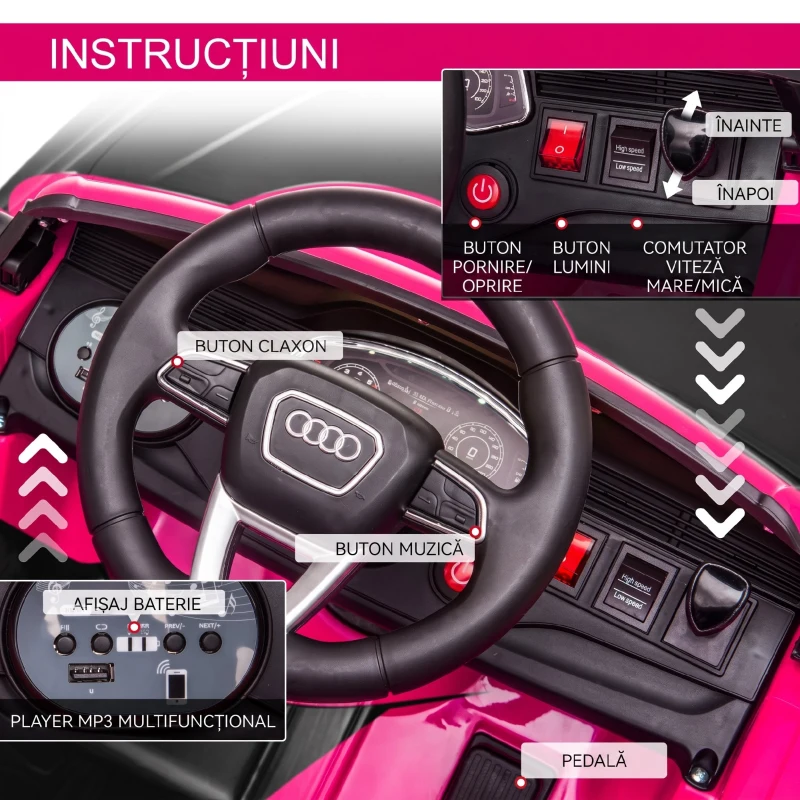HOMCOM Mașină Electrică pentru Copii Audi RS Q8, 6V, 2 Motoare, Telecomandă, PP, 101x62x51 cm, Roz
