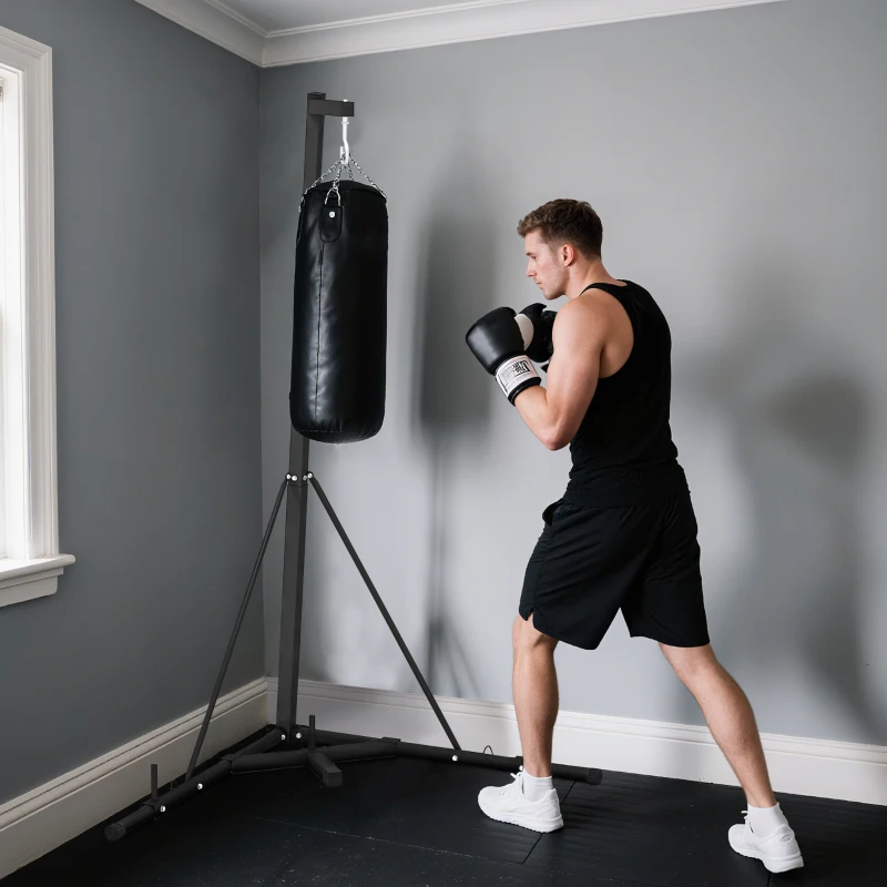 SPORTNOW Suport Reglabil pentru Sacul de Box, Autoportant cu Bază Triunghiulară, 170x90x182-225 cm, Negru