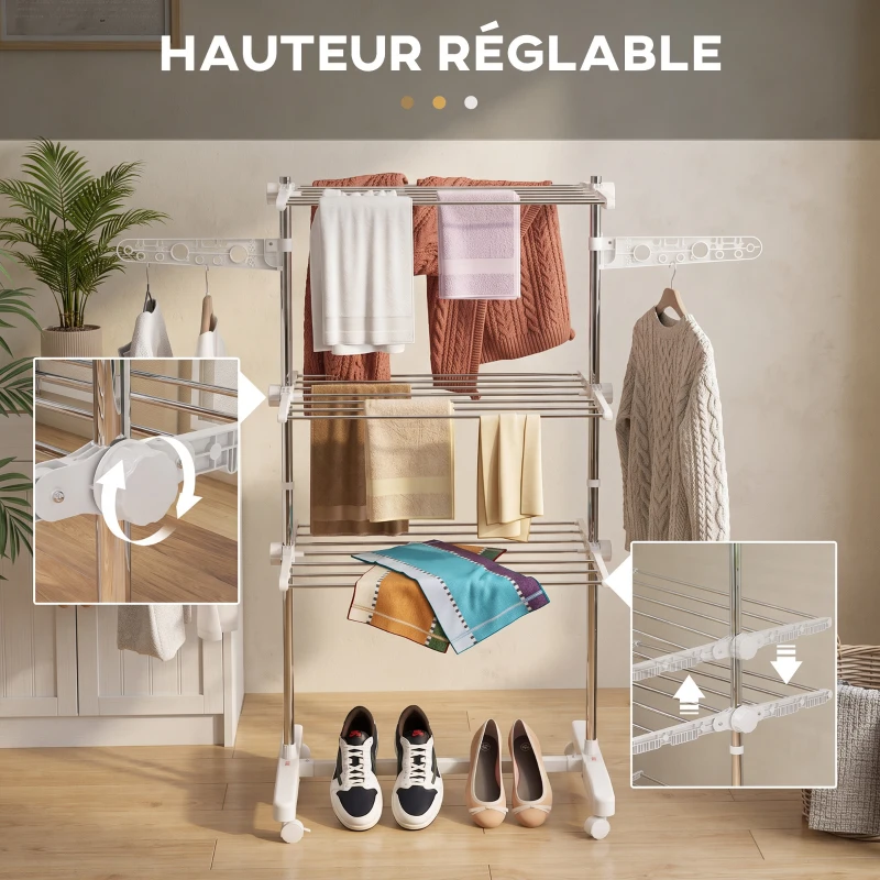 HOMCOM Étendoir à Linge 3 Niveaux, Sechoir a Linge avec 6 Roulettes, Pliable, Cadre en Acier Inoxydable et Ailes Latérales, pour Intérieur Extérieur, 142 x 55 x 152 cm, Blanc