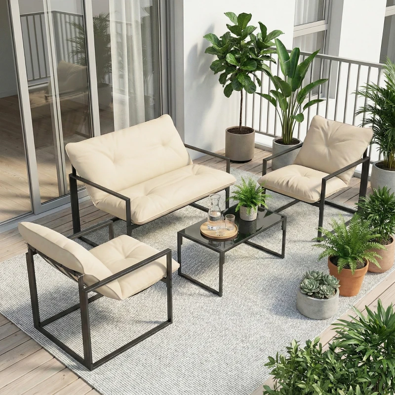 Outsunny Set de Mobilier de Grădină din 4 Piese cu Canapea, 2 Fotolii și Măsuță, din Oțel, Poliester și Bumbac PP, Bej și Gri