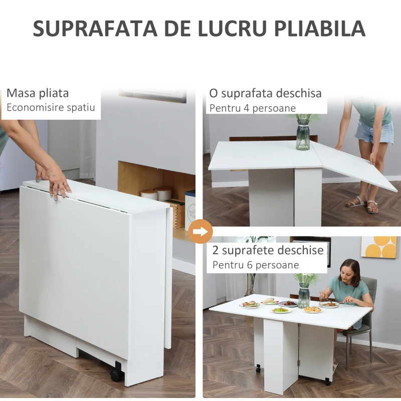 HomCom masa pliabila din lemn, cu roti, 75x140x74cm, alba | Aosom Ro