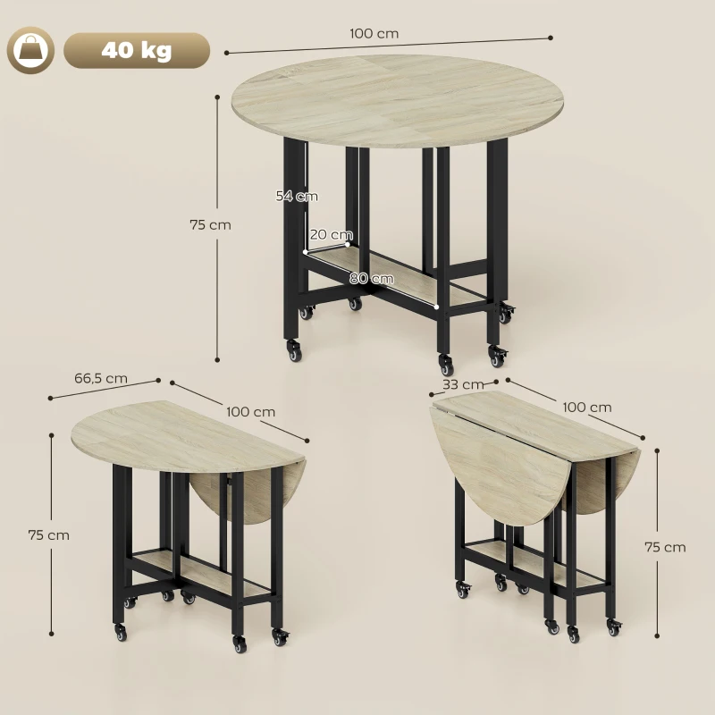 HOMCOM Klaptafel, Tafel met inklapfunctie en open opbergrek, Verrijdbare keukentafel voor eetkamer, kleine ruimtes, Naturel