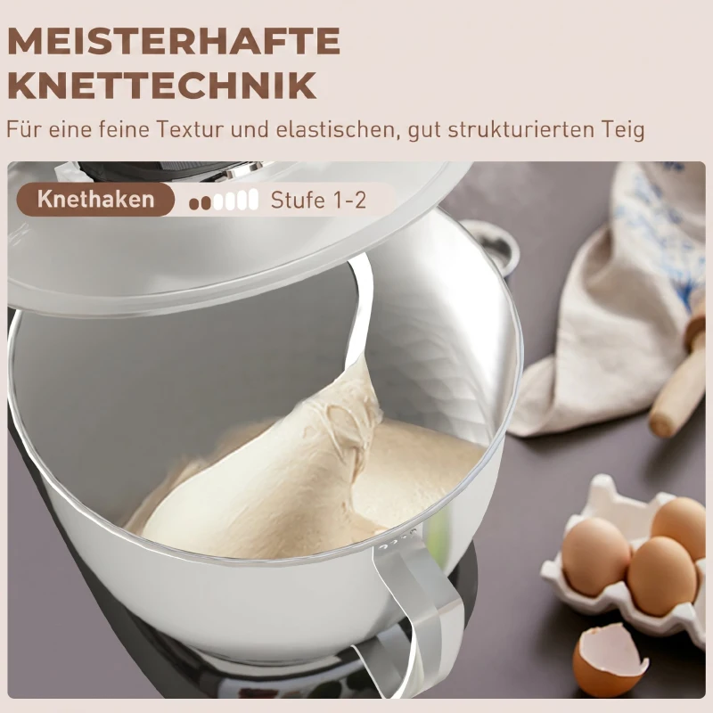 HOMCOM Küchenmaschine Knetmaschine mit 4,5L Edelstahlschüssel 1300W Teigmaschine mit 6+P Geschwindigkeit Beige