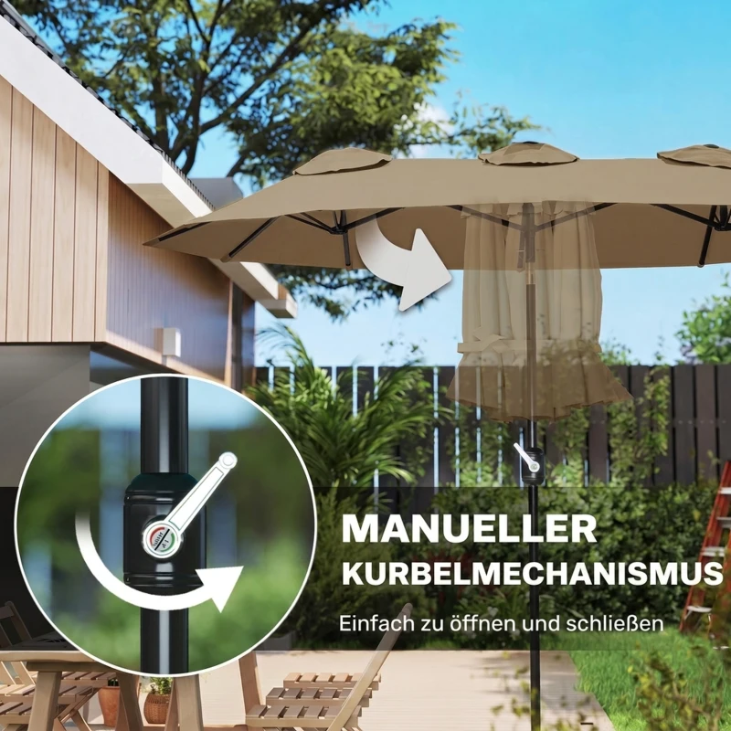 Outsunny parasol, tuinparasol, kantelbaar, met handslinger, windkap, polyester+staal, kaki, 285 x 147 cm