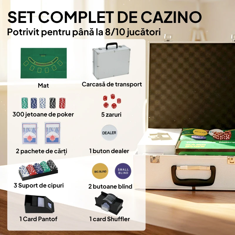 SPORTNOW Set Poker cu 300 Jetoane, Amestecător de Cărți, Suport pentru Cărți, Valiză, Texas Hold'em, Argintiu