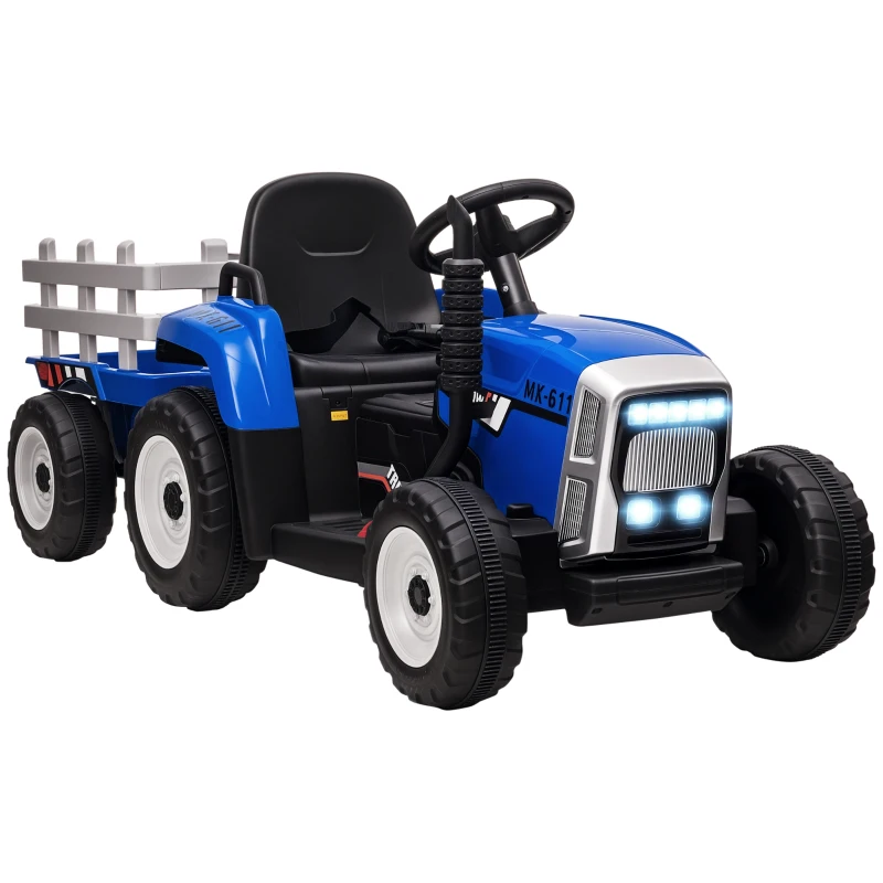 HOMCOM Tractor Electric pentru Copii cu Remorcă Detașabilă, Telecomandă, Port USB, Muzică și Lumini, 3-6 Ani, Albastru