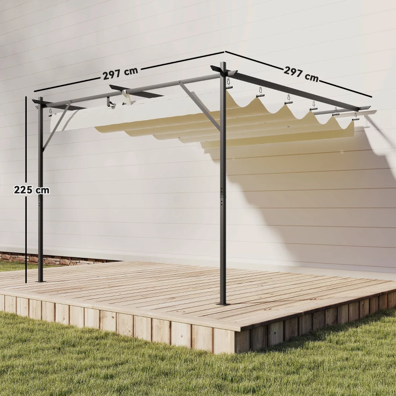 Outsunny Pérgola de Pared de Jardín 3x3 m con Techo Retráctil Protección UPF30+ Drenaje Cenador de Jardín para Exterior Crema