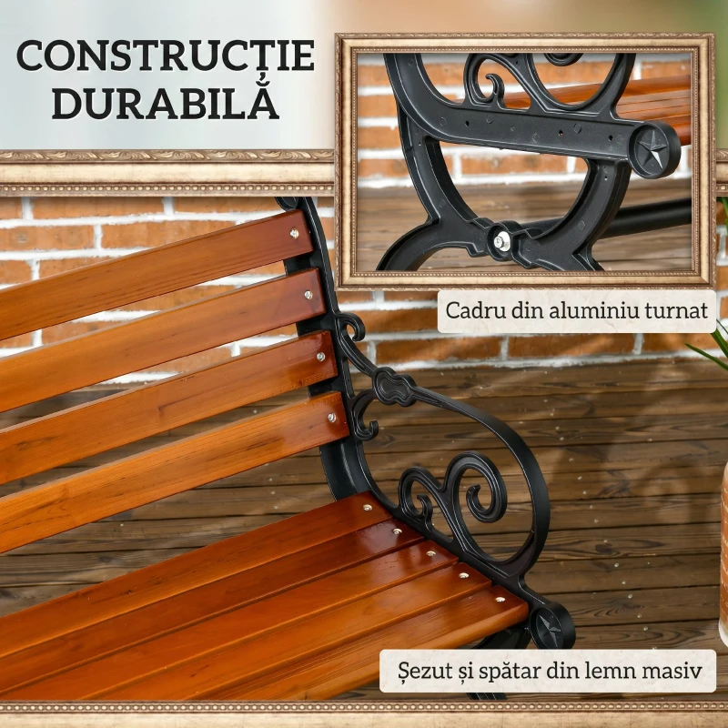 Outsunny Bancă de Grădină pentru 2 Persoane din Lemn și Aluminiu cu Lamele și Brațe, 120x64x79cm, Teak